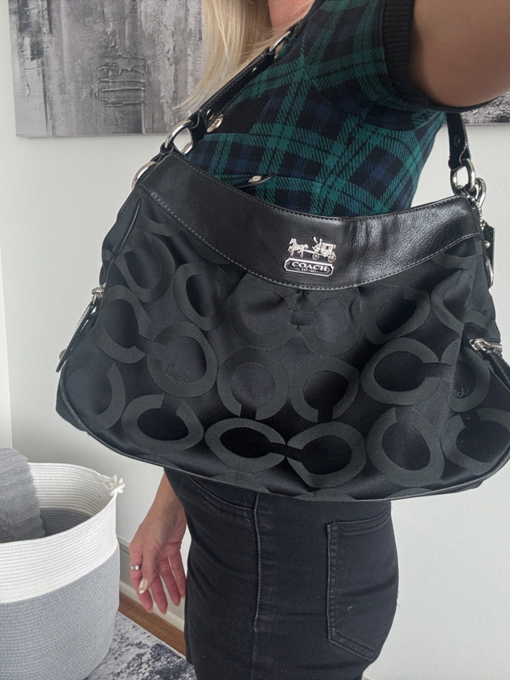 Vintage Coach Black Signature Satin Hobo with Silver Hardware